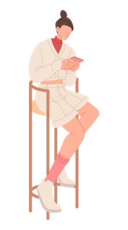 Frau benutzt Handy, während sie auf Stuhl sitzt  Illustration