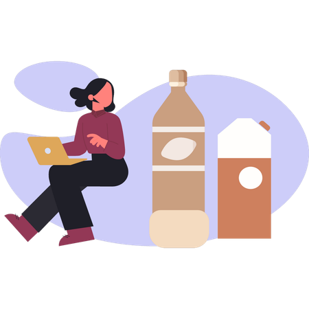 Frau benutzt Laptop und sieht auf eine Salzflasche  Illustration
