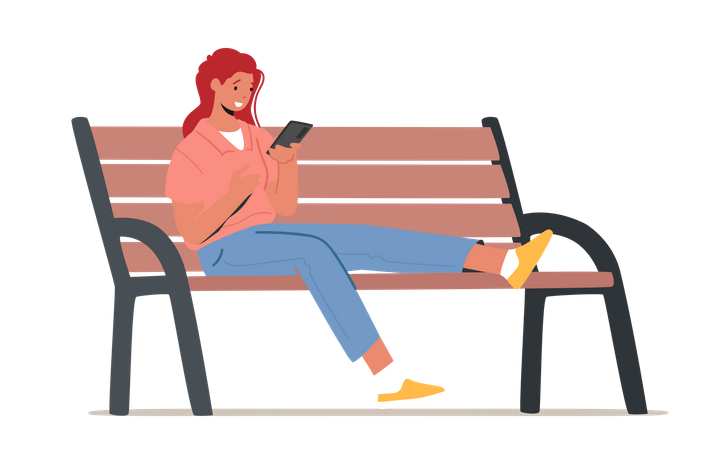 Frau benutzt Smartphone beim Sitzen auf Bank  Illustration