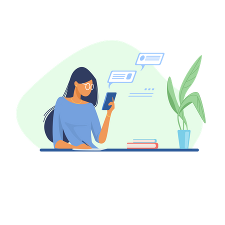 Frau benutzt Smartphone im Büro  Illustration