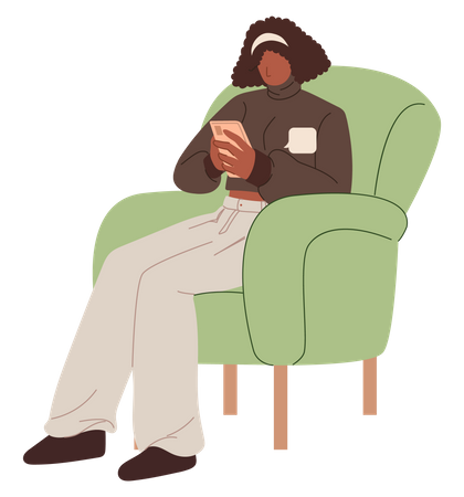 Frau benutzt Smartphone, während sie auf einem Sessel sitzt  Illustration