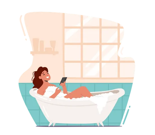 Frau benutzt Telefon beim Baden in der Badewanne  Illustration