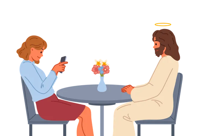 Frau mit Telefon während sie mit Jesus Christus sitzt  Illustration