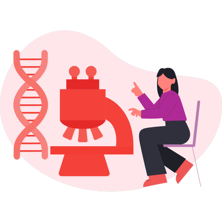 Frau beobachtet DNA-Struktur unter dem Mikroskop.  Illustration