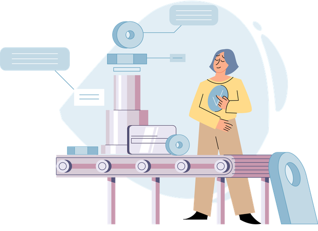 Frau beobachtet industrielles Förderband mit Roboterarbeit  Illustration