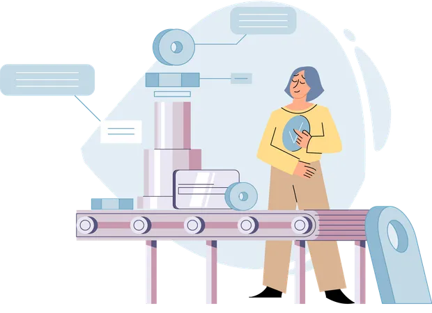 Frau beobachtet industrielles Förderband mit Roboterarbeit  Illustration