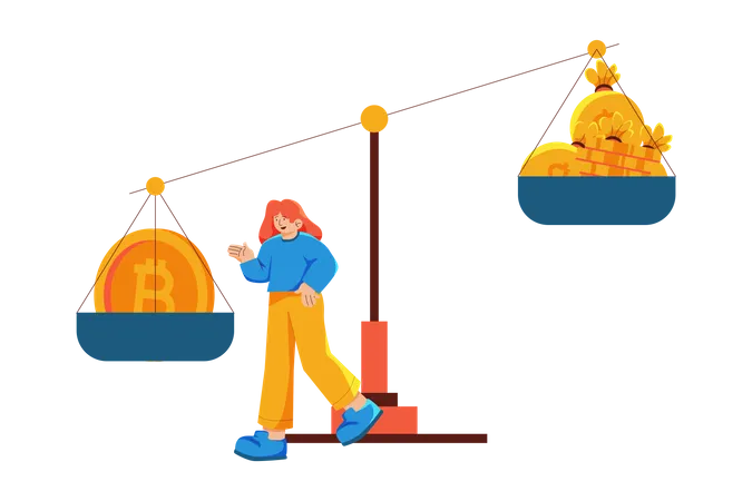 Frau berechnet Bitcoin-Umtauschrendite für Dollar  Illustration