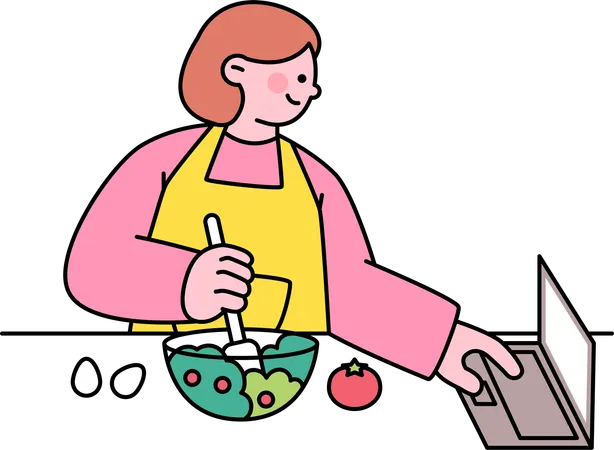 Frau bereitet Essen nach Online-Rezept zu  Illustration