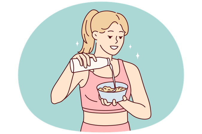 Frau bereitet gesundes Frühstück zu und gibt nach dem morgendlichen Fitnesstraining Milch auf den Teller  Illustration