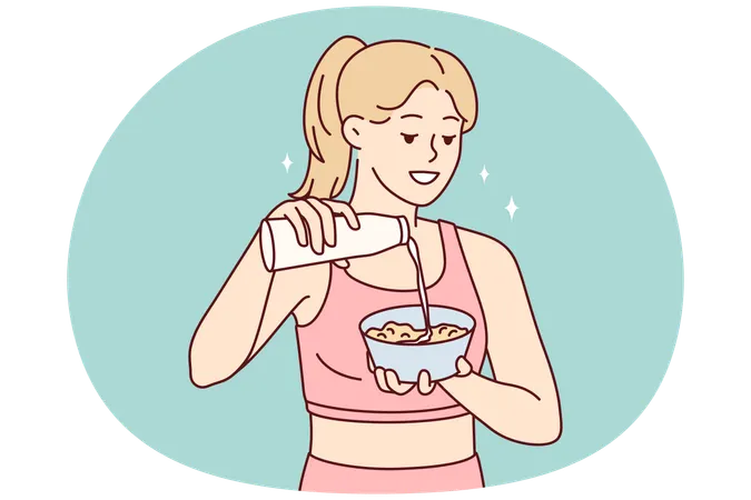 Frau bereitet gesundes Frühstück zu und gibt nach dem morgendlichen Fitnesstraining Milch auf den Teller  Illustration