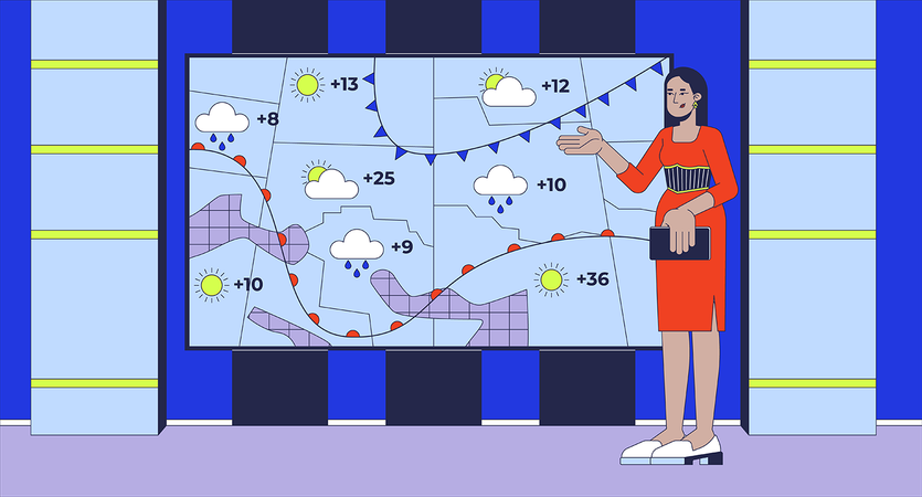 Frau berichtet über Meteorologenprognose im Fernsehen  Illustration