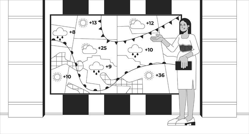 Frau berichtet über Meteorologenprognose im Fernsehen  Illustration