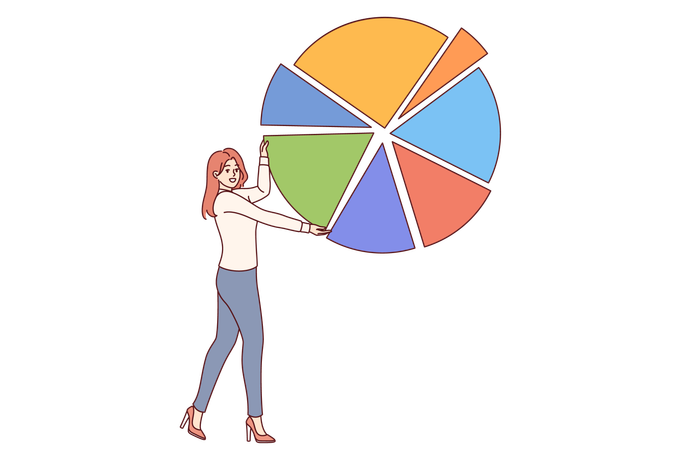 Frau beschäftigt sich mit Business Analytics und demonstriert statistische Diagramme zur Visualisierung von Daten  Illustration