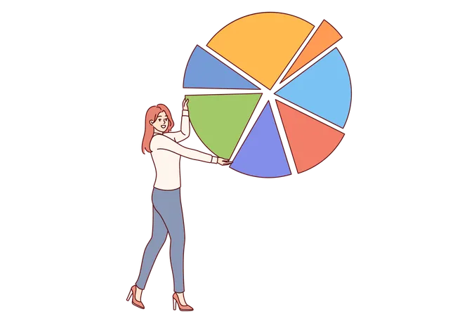 Frau beschäftigt sich mit Business Analytics und demonstriert statistische Diagramme zur Visualisierung von Daten  Illustration