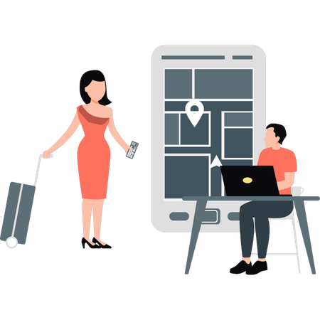 Frau bespricht Tourort auf Handy  Illustration