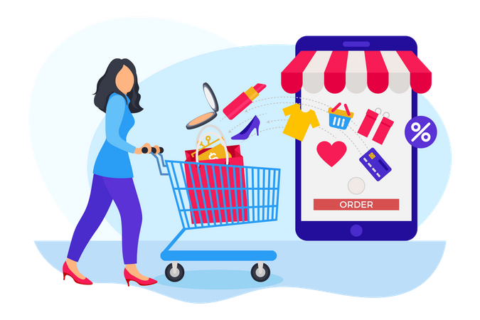 Frau bestellt Artikel aus dem Einkaufswagen auf einer Online-Shopping-Website  Illustration