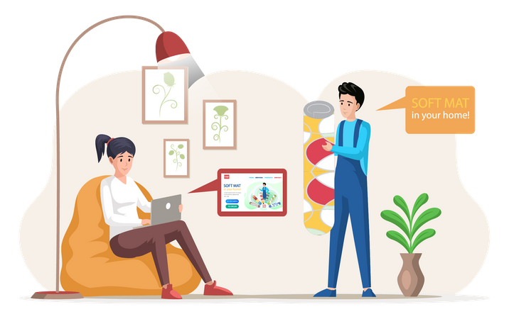 Frau bestellt Teppich im Onlineshop  Illustration