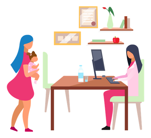 Frau besucht Kinderarzt  Illustration
