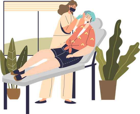 Frau besucht Kosmetikerin und erhält entspannende Spa-Behandlung oder Hautbehandlung im Wellness-Salon  Illustration
