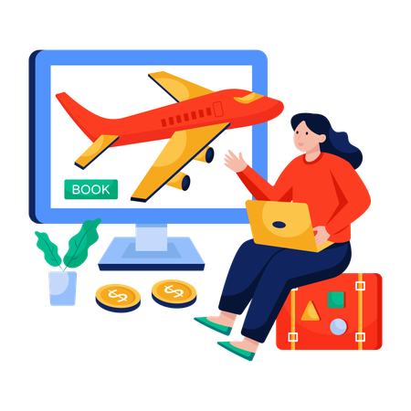Frau besucht Website zur Flugbuchung  Illustration