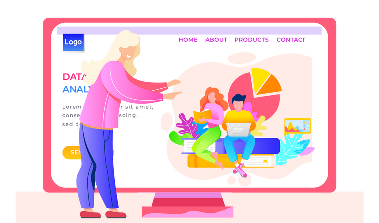 Frau besucht Website zur Online-Datenanalyse  Illustration
