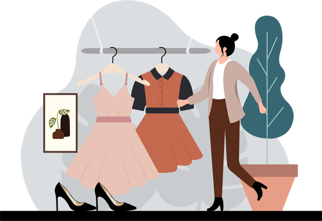 Frau betrachtet modisches Kleid  Illustration