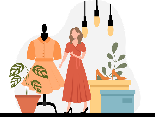 Frau betrachtet schönes Kleid  Illustration