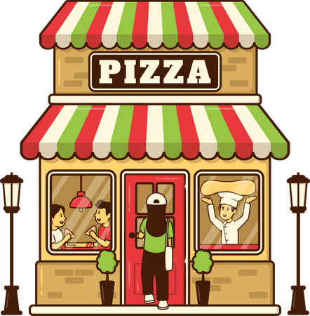 Frau betritt Pizza-Café, um Pizza zu essen  Illustration