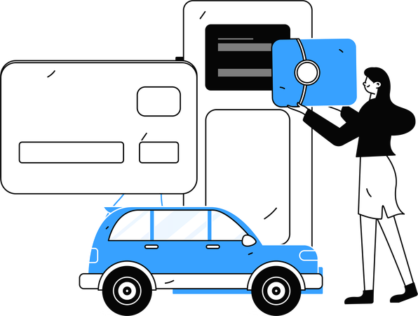 Frau bezahlt mit Kreditkarte an Tankstelle  Illustration