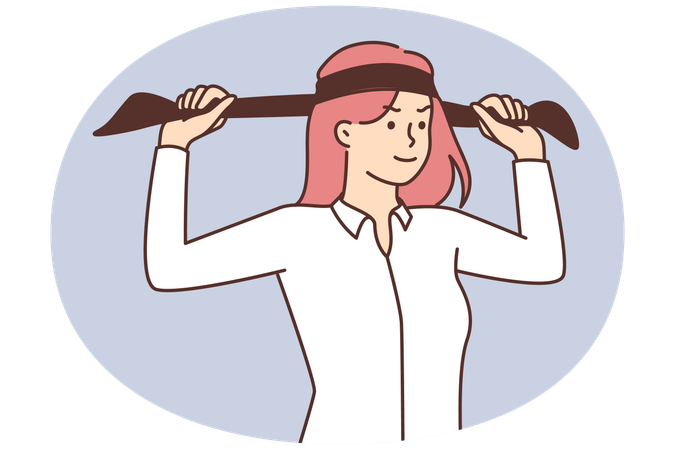 Frau bindet schwarzes Stirnband um den Kopf, um Ernsthaftigkeit oder Professionalität zu zeigen  Illustration
