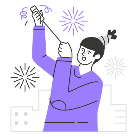 Frau bläst Feuerwerk am Neujahrstag  Illustration