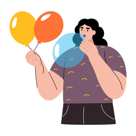 Frau bläst Partyballons auf  Illustration