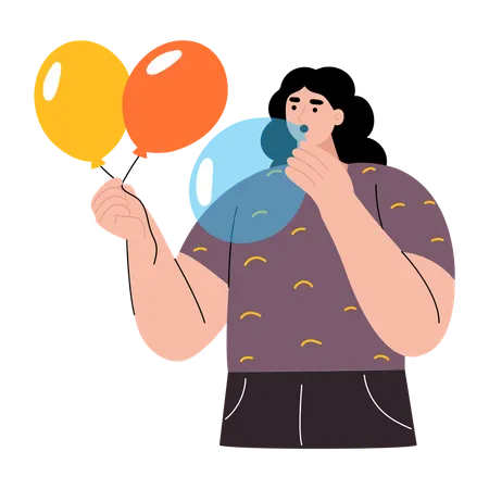 Frau bläst Partyballons auf  Illustration