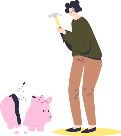 Frau bremst leeres Sparschwein  Illustration