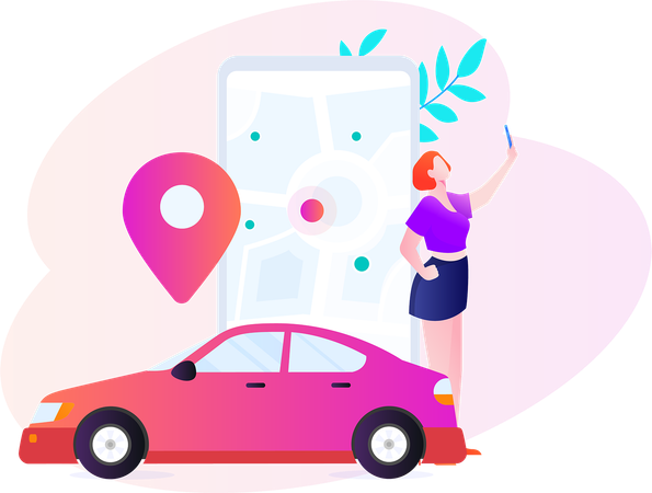 Frau bucht Online-Taxi vom Handy  Illustration