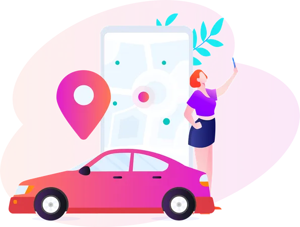 Frau bucht Online-Taxi vom Handy  Illustration