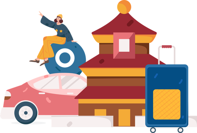 Frau bucht Taxi zum Tempel  Illustration