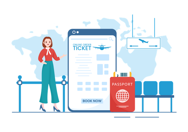 Frau bucht Flugticket per App  Illustration