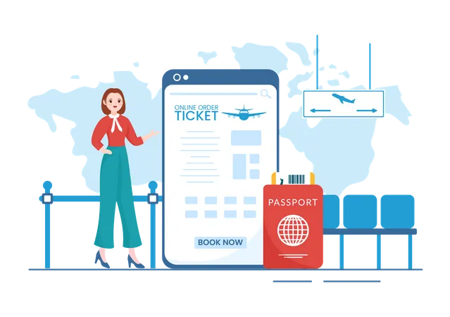 Frau bucht Flugticket per App  Illustration