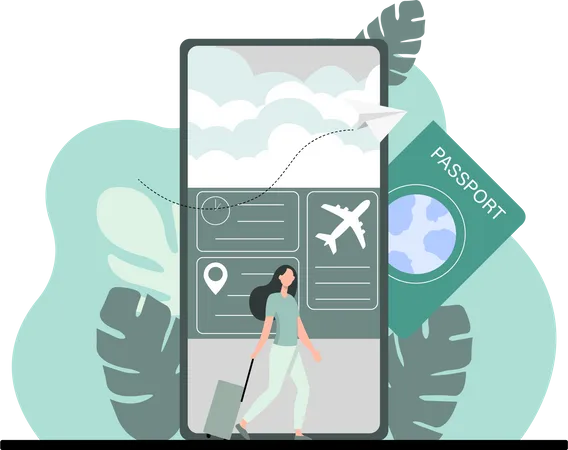 Frau bucht Flugticket auf dem Handy  Illustration