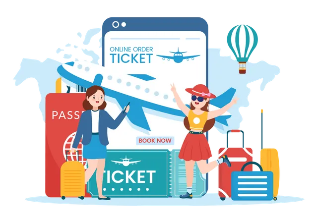 Frau bucht Reiseticket per Handy-App  Illustration