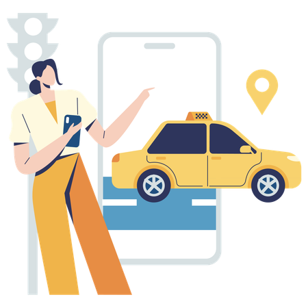 Frau bucht Taxi online  Illustration