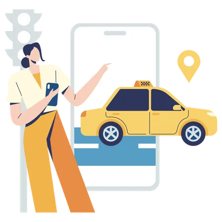 Frau bucht Taxi online  Illustration