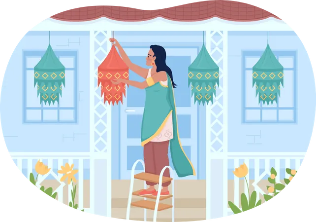 Frau dekoriert Haus für Diwali-Fest  Illustration