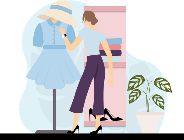 Frau dekoriert Kleid auf Ständer  Illustration