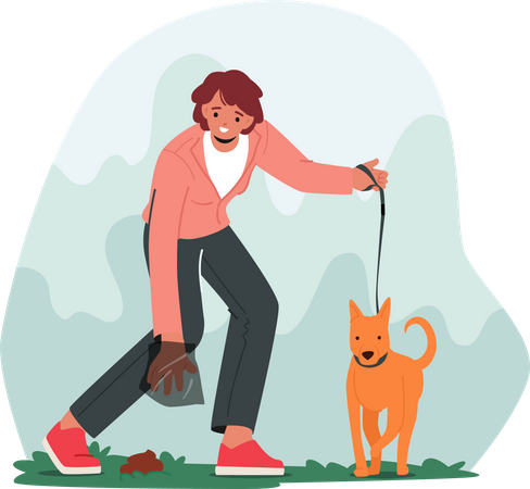 Frau, die ein Haustier besitzt, sammelt Hundekot auf der Straße in eine Plastiktüte  Illustration