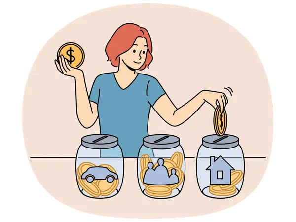 Frau beschäftigt sich mit Finanzplanung und steckt verdientes Geld in verschiedene Glasgefäße  Illustration