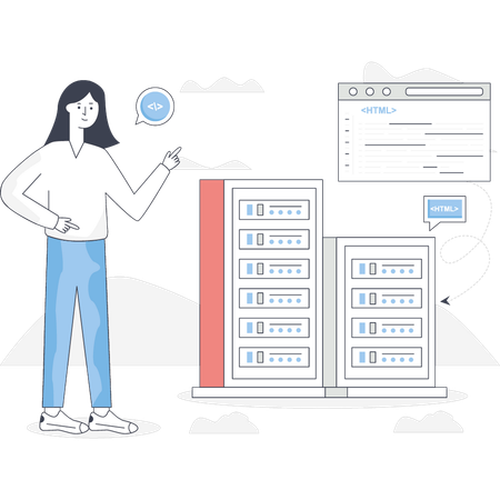 Frau diskutiert über Datenbank  Illustration