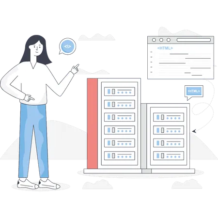 Frau diskutiert über Datenbank  Illustration