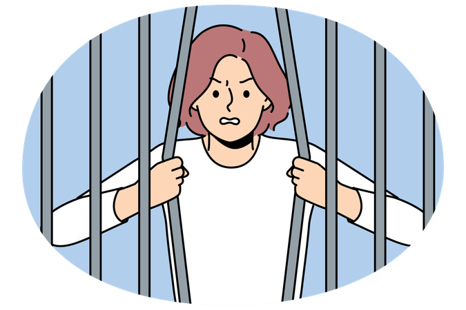 Frau durchbricht Gitterstäbe, um aus der Gefangenschaft befreit zu werden, während sie gegen Einschränkungen kämpft  Illustration